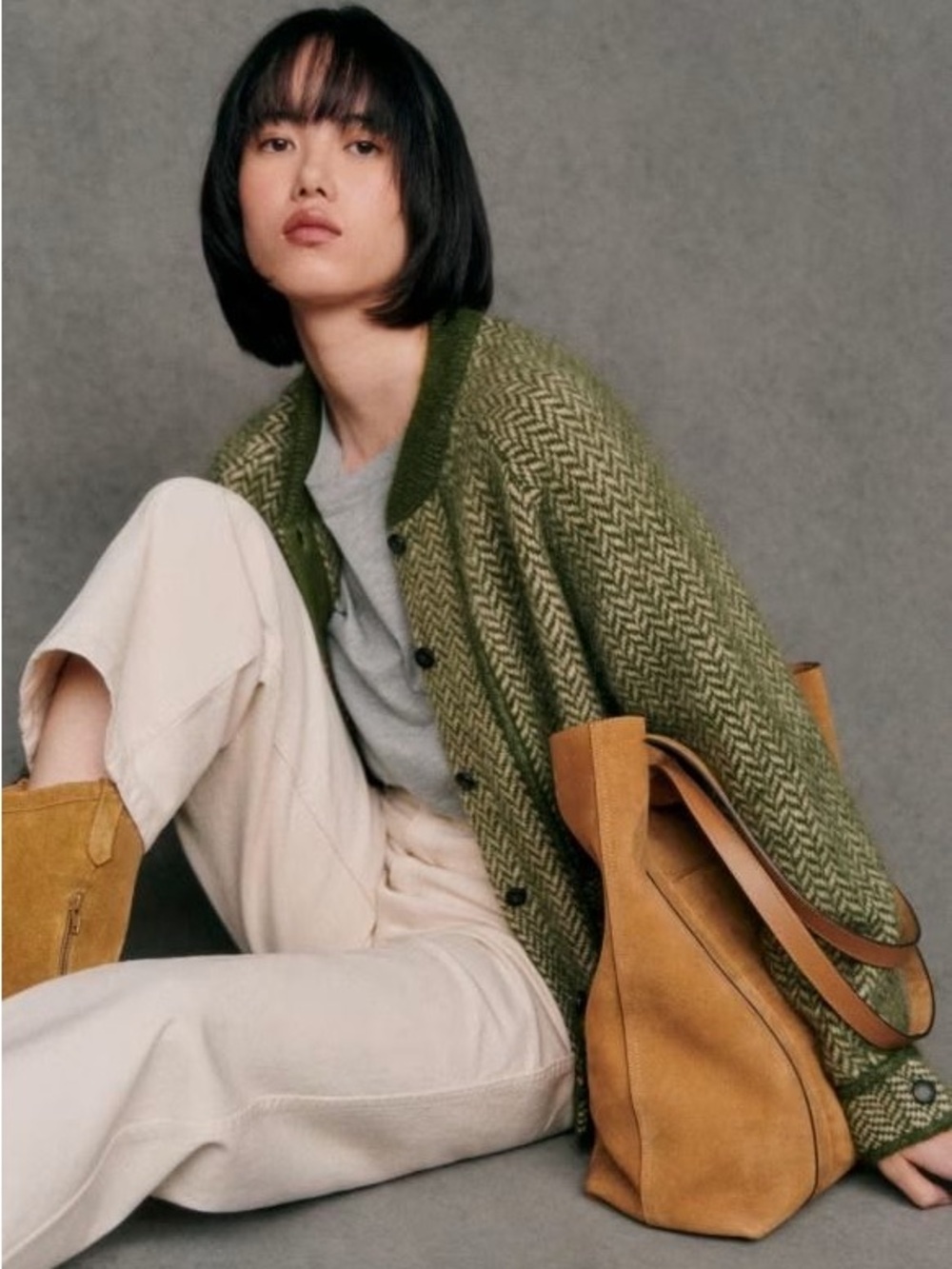 Sézane Noah Jacket - Green Herringbone - Size Large